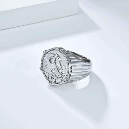 Stainless steel knight coin signet ring in silver with detailed crest design, crafted by Glitters for stainless steel rings.