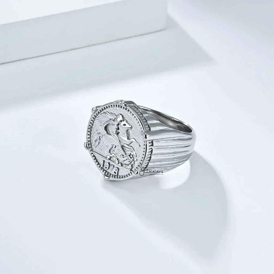 Stainless steel knight coin signet ring in silver with detailed crest design, crafted by Glitters for stainless steel rings.