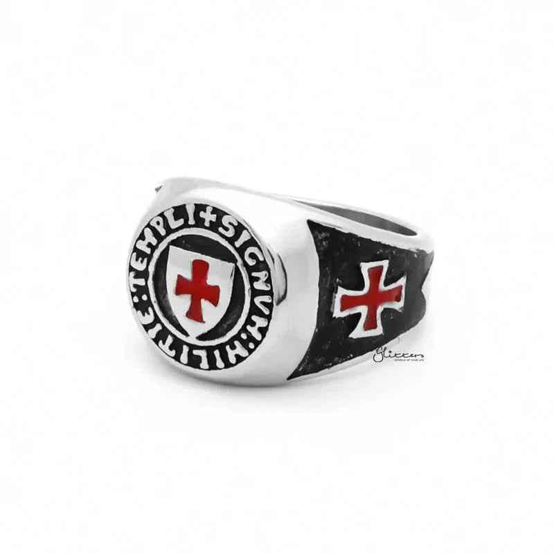 Stainless steel Knights Templar ring with detailed engravings, crafted by Glitters, featuring a medieval-inspired design.
