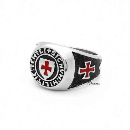Stainless steel Knights Templar ring with detailed engravings, crafted by Glitters, featuring a medieval-inspired design.