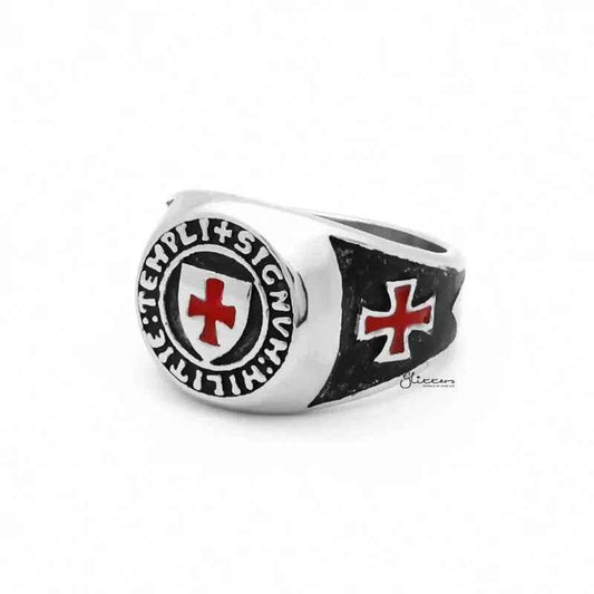Stainless steel Knights Templar ring with detailed engravings, crafted by Glitters, featuring a medieval-inspired design.
