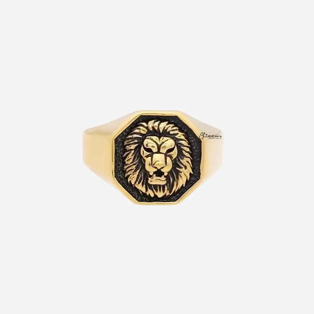 Gold stainless steel lion ring by Glitters featuring a detailed lion head design on a sleek band.
