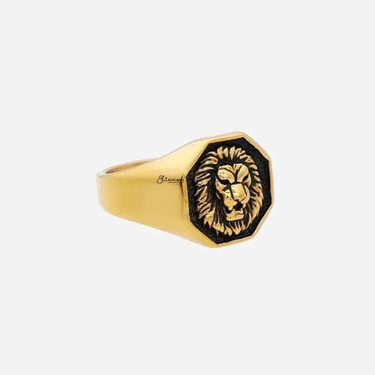 Gold stainless steel lion ring by Glitters featuring a detailed lion face design, perfect for bold jewelry styles.