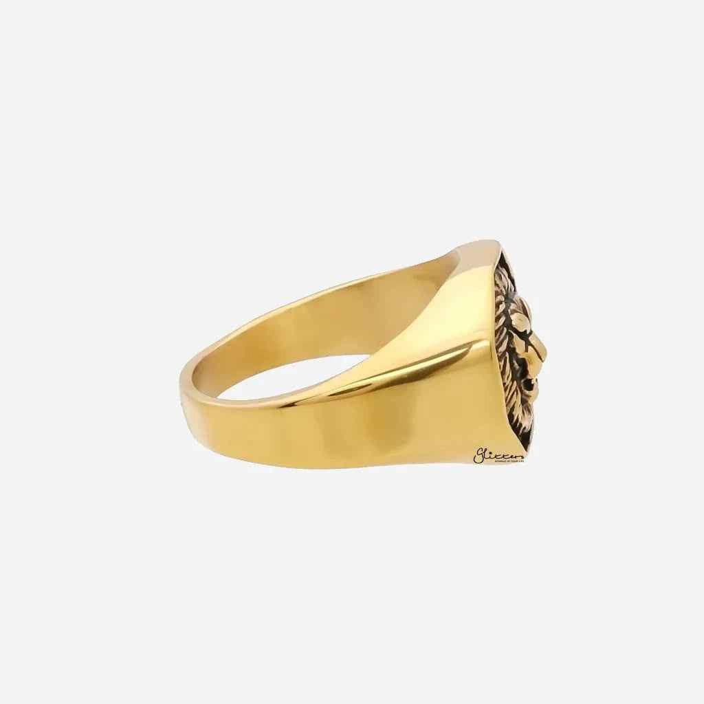 Gold stainless steel lion ring from Glitters, detailed lion design, smooth polished finish, jewelry accessory for men and women