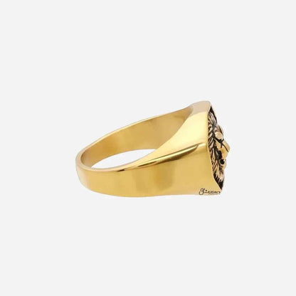 Gold stainless steel lion ring from Glitters, detailed lion design, smooth polished finish, jewelry accessory for men and women
