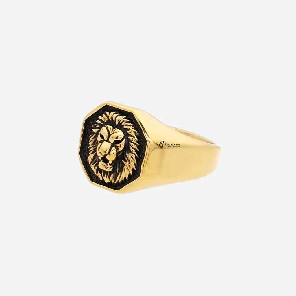 Gold stainless steel lion ring by Glitters featuring a detailed lion head design on a polished band.