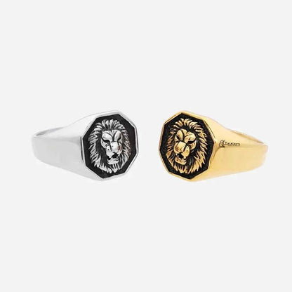 Gold stainless steel lion ring from Glitters, featuring detailed lion design on a polished stainless steel band.