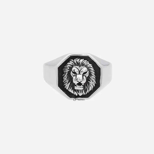 Silver stainless steel lion ring by Glitters, detailed lion design, smooth band, sleek and modern jewelry accessory.