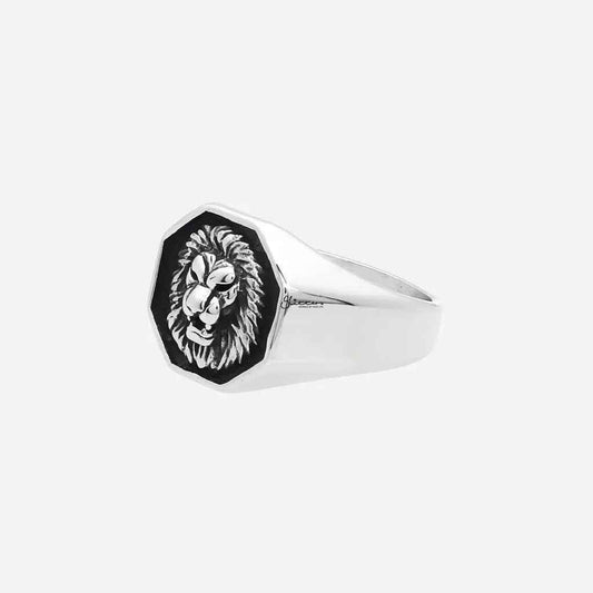 Silver stainless steel lion ring by Glitters featuring detailed lion design on a sleek band.