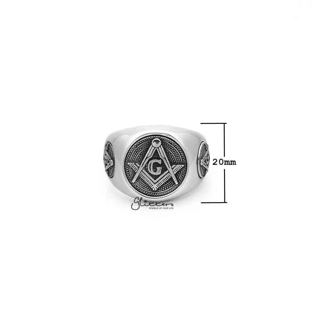 Stainless steel Masonic casting men's ring with engraved details, crafted by Glitters, showcasing a sleek, durable design.