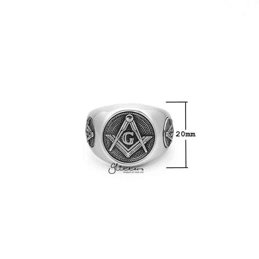 Stainless steel Masonic casting men's ring with engraved details, crafted by Glitters, showcasing a sleek, durable design.