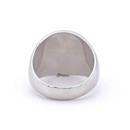 Stainless steel Masonic ring by Glitters featuring engraved symbols and a polished finish, designed for men's jewelry.