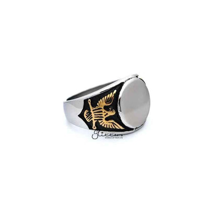 Stainless steel mirror-polished round center men's ring from Glitters, showcasing a sleek, shiny surface and classic design.