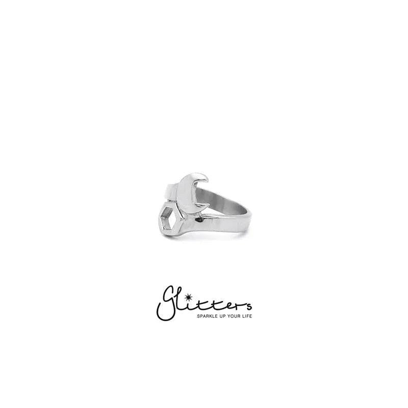 Stainless steel motorcycle spanner ring by Glitters, featuring a detailed spanner design on a polished band.