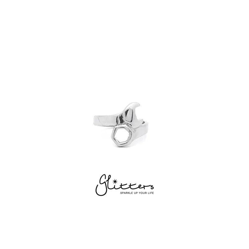 Stainless steel motorcycle spanner ring by Glitters, featuring a detailed spanner design on a polished silver band.