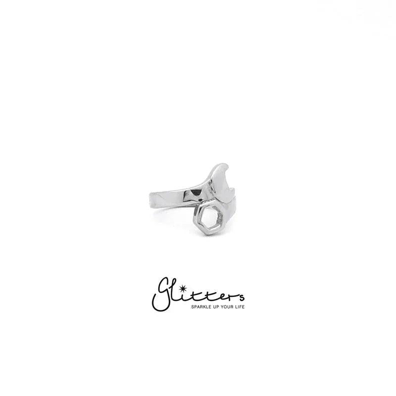 Stainless steel motorcycles spanner ring by Glitters, featuring a detailed spanner design on a polished stainless steel band.