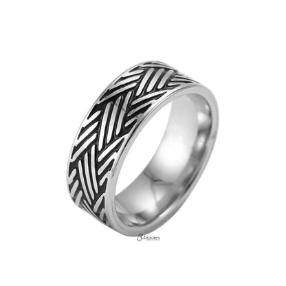 Stainless steel multi-line band ring by Glitters featuring a sleek, modern design with multiple parallel lines on the ring surface.