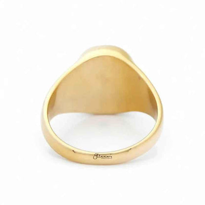 Gold stainless steel oval signet blank ring from Glitters, plain and unadorned, showcasing a sleek, polished design.