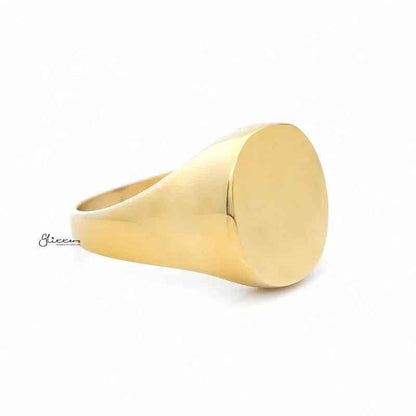 Gold stainless steel oval signet ring with a plain blank surface, designed by Glitters, showcasing a smooth and polished finish.