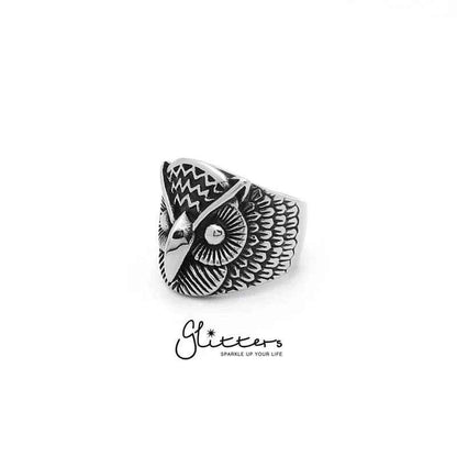 Stainless steel owl cast ring by Glitters featuring a detailed owl design on a smooth band.