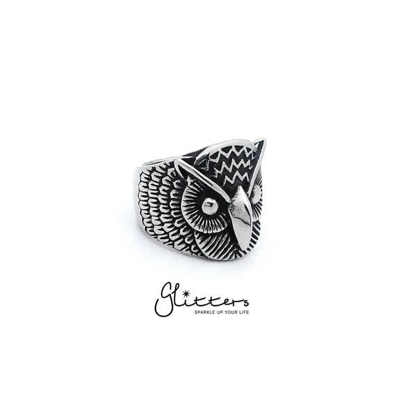 Stainless steel Owl cast ring from Glitters, featuring a detailed owl design on a smooth band.
