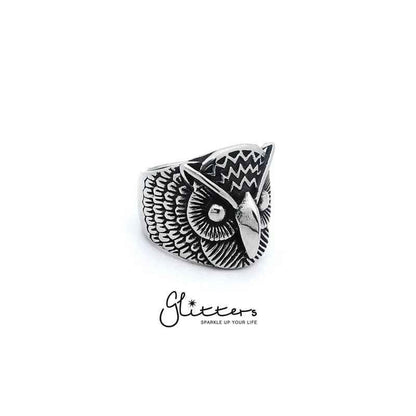 Stainless steel Owl cast ring from Glitters, featuring a detailed owl design on a smooth band.