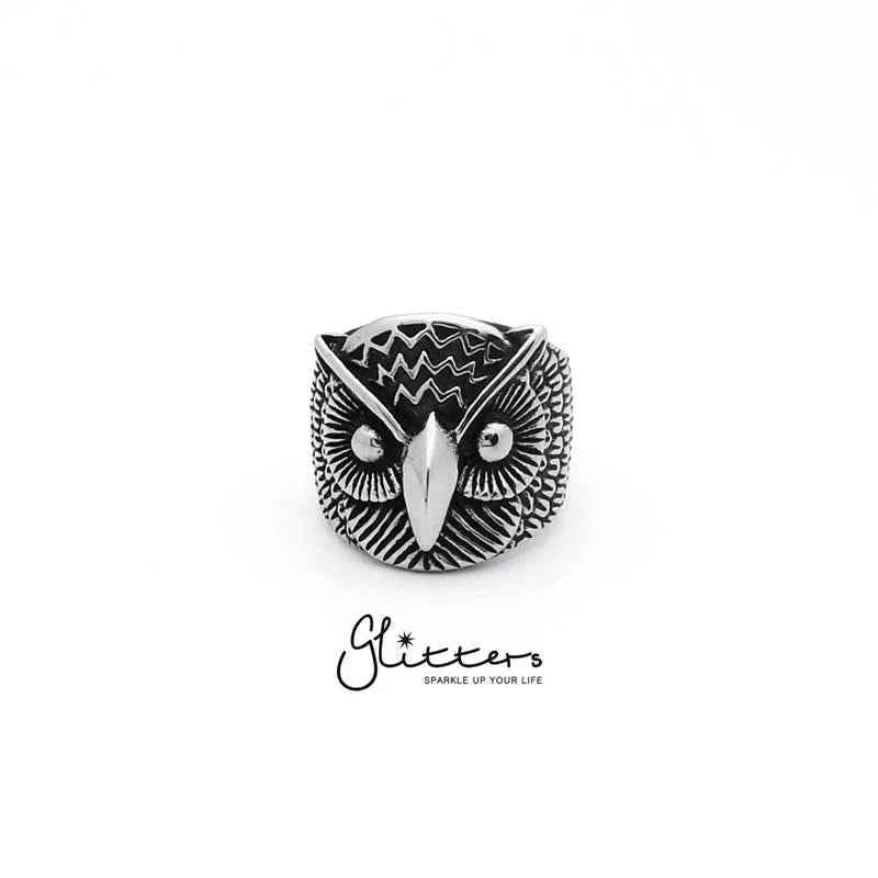 Stainless Steel Owl Cast Ring by Glitters featuring a detailed owl design on a polished silver band.