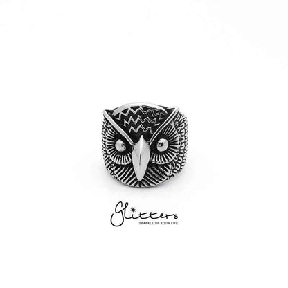 Stainless Steel Owl Cast Ring by Glitters featuring a detailed owl design on a polished silver band.