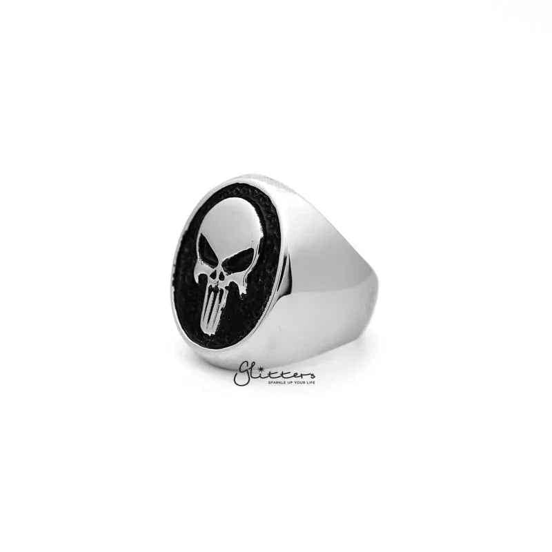 Stainless steel Punisher skull casting men's ring by Glitters, featuring a detailed skull design on a polished band.
