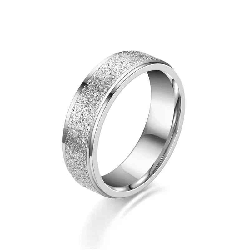 Silver stainless steel band ring with a sandblasted finish, featuring a sleek, modern design by Glitters.