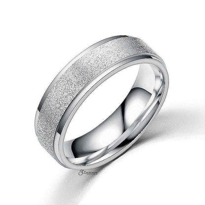 Silver stainless steel band ring with a sandblasted finish, featuring a sleek, matte surface and smooth rounded edges.