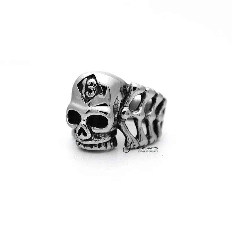 Stainless steel Skull Head and Bones men's ring with #13 casting design by Glitters, featuring detailed skull and bone motifs.