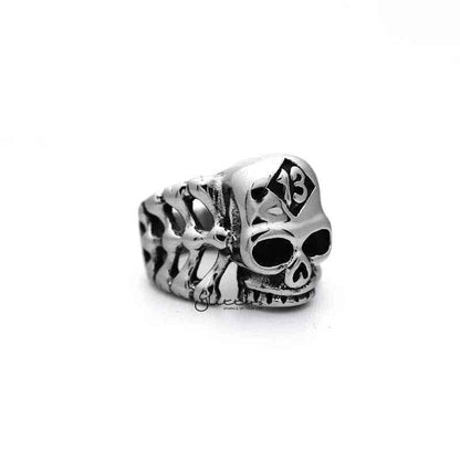 Stainless steel skull head and bones men's ring with #13 casting design by Glitters, showcasing detailed skull and bone motifs.