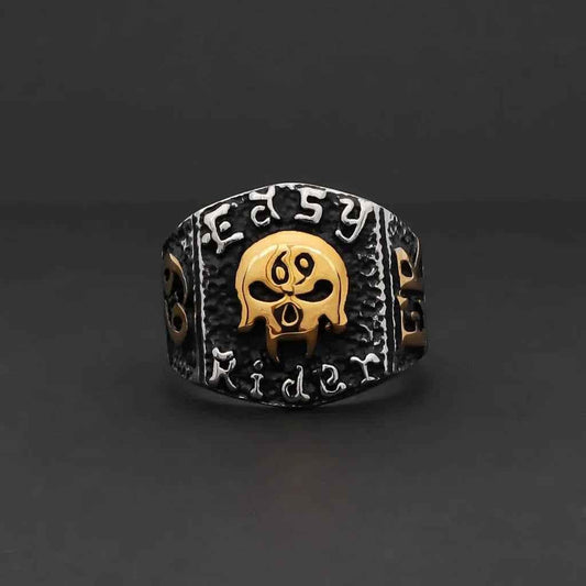 Stainless steel skull ring by Glitters featuring a detailed skull design, perfect for edgy jewelry style.