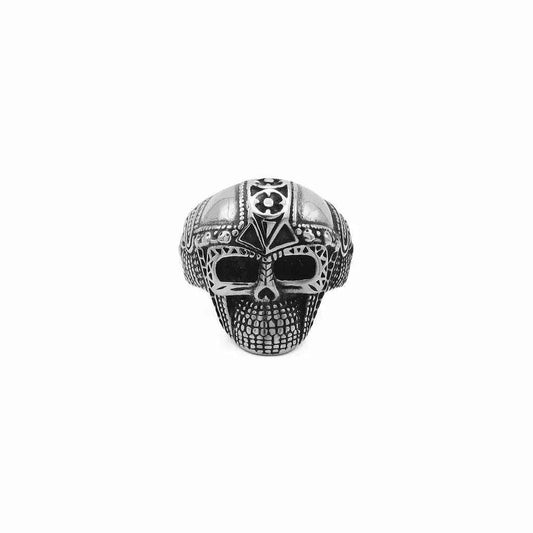 Stainless steel skull ring with Viking armor pattern from Glitters, featuring detailed Viking-inspired design on the ring surface.