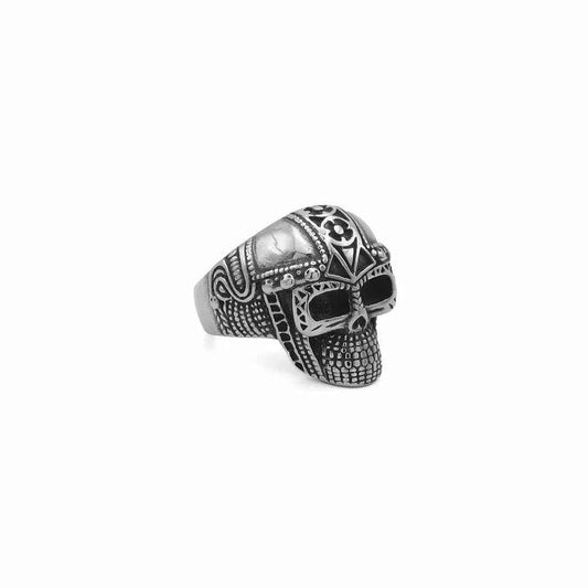 Stainless steel skull ring with Viking armor pattern, detailed design, crafted by Glitters, suitable for men and women.