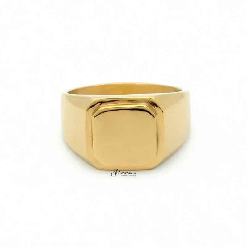 Gold stainless steel square flat top signet ring from Glitters, showcasing a sleek, polished design with a flat signet face.