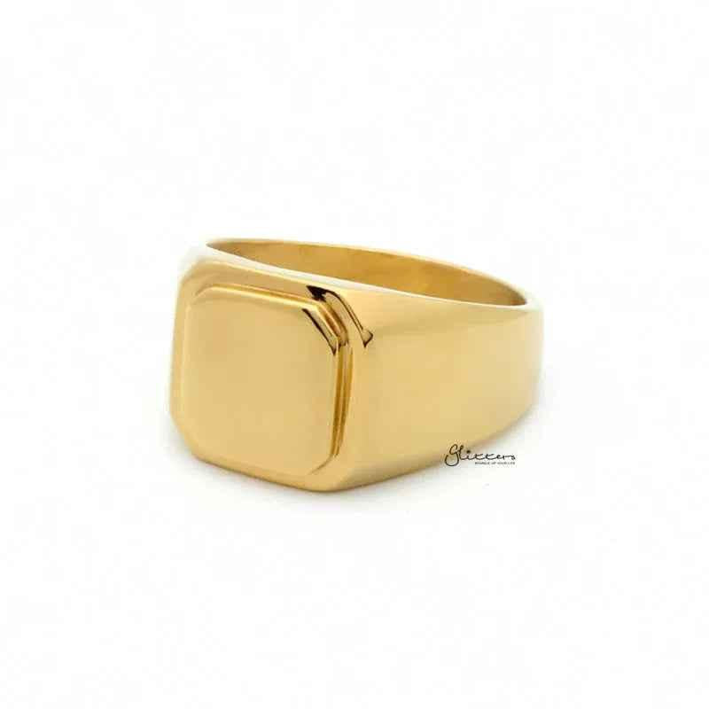Gold stainless steel square flat top signet ring by Glitters, showcasing a sleek, modern design with a polished finish.