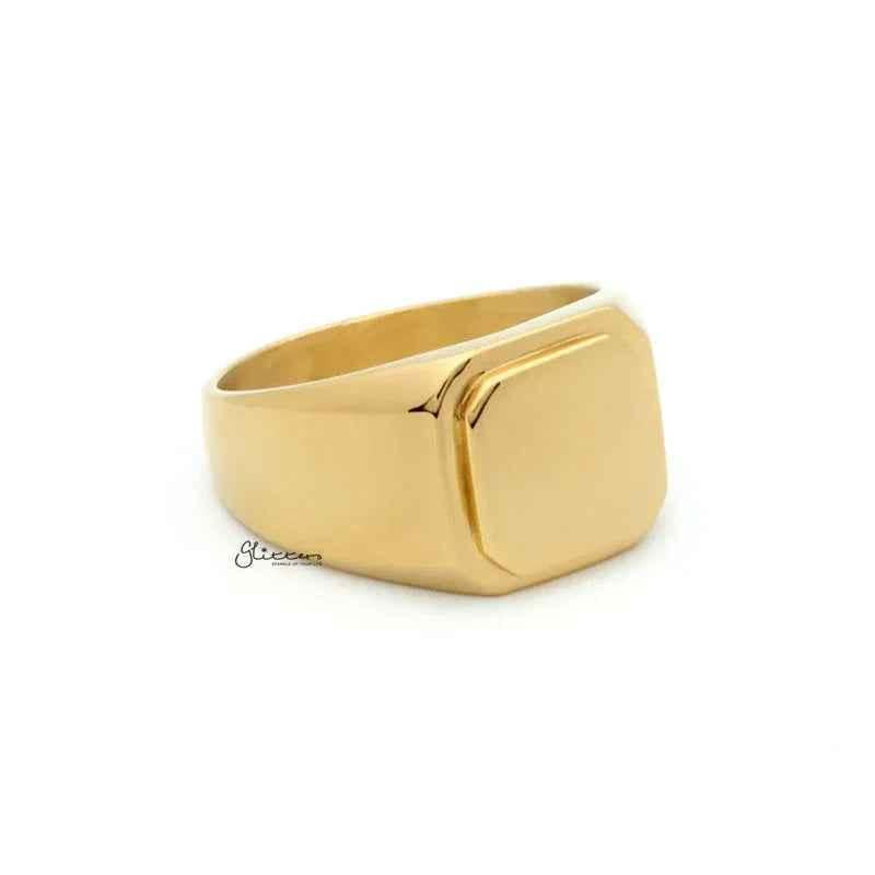 Gold stainless steel square flat top signet ring by Glitters, featuring a sleek, polished design perfect for stylish accessories.