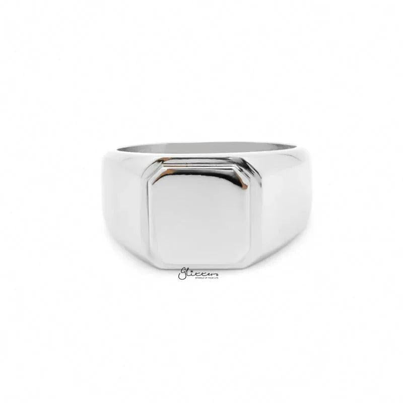 Silver stainless steel square flat top signet ring from Glitters, showcasing its sleek, polished design and modern style.