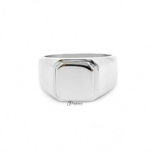 Silver stainless steel square flat top signet ring from Glitters, showcasing its sleek, polished design and modern style.