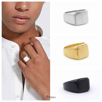 Silver stainless steel square flat top signet ring by Glitters, showcasing a sleek, polished design on a plain background.