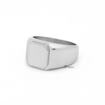 Silver stainless steel square flat top signet ring by Glitters, showcasing a sleek, polished design perfect for stylish accessories.