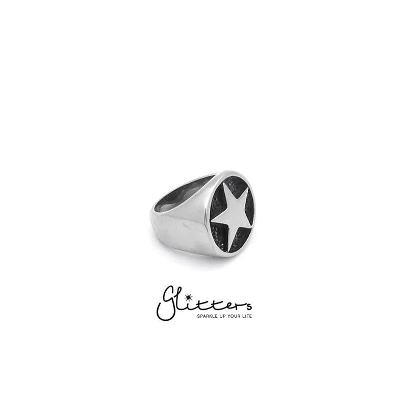 Stainless steel star cast ring by Glitters featuring a shiny star design on a sleek stainless steel band.