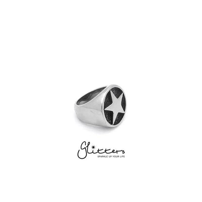 Stainless steel star cast ring by Glitters featuring a shiny star design on a sleek stainless steel band.