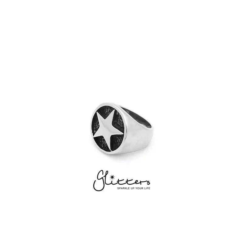 Stainless steel star cast ring by Glitters featuring a shiny, detailed star design on a sleek silver band.