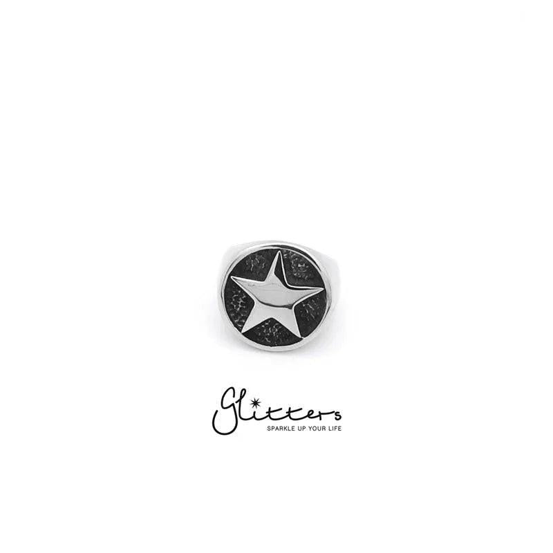 Stainless steel star cast ring by Glitters featuring a shiny, polished finish and detailed star design on a sleek band.