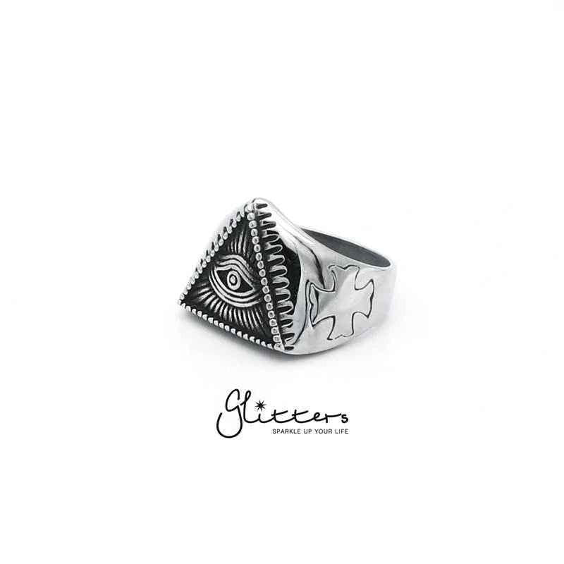 Stainless steel Triangle All Seeing Eye cast ring by Glitters, featuring detailed Eye of Providence design on a sleek band.
