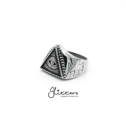 Stainless steel Triangle All Seeing Eye cast ring by Glitters, featuring detailed Eye of Providence design on a sleek band.