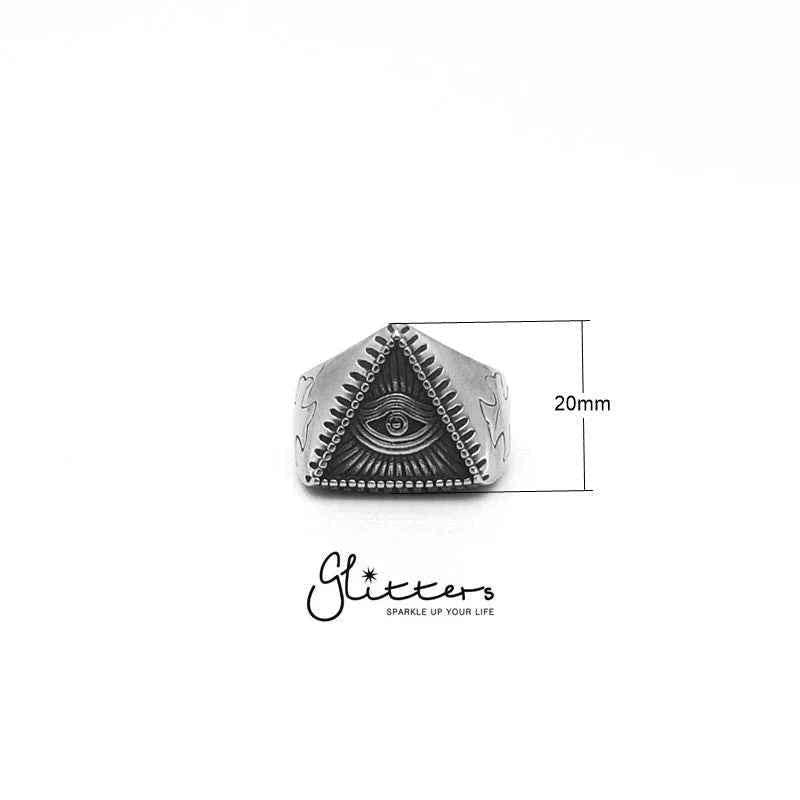 Stainless steel Triangle All Seeing Eye cast ring by Glitters, featuring intricate Eye of Providence design on the band.